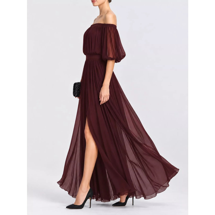 Full Size Off-Shoulder Ruched Chiffon Maxi Dress Plus Apparel and Accessories