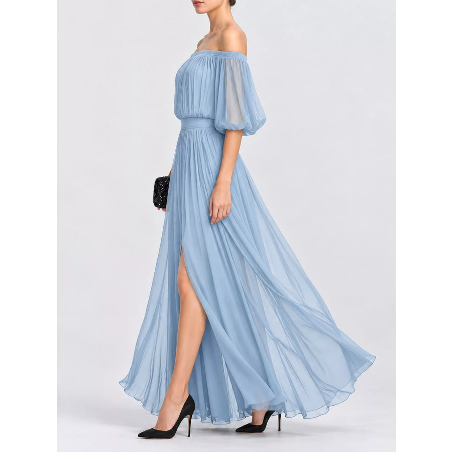 Full Size Off-Shoulder Ruched Chiffon Maxi Dress Plus Apparel and Accessories