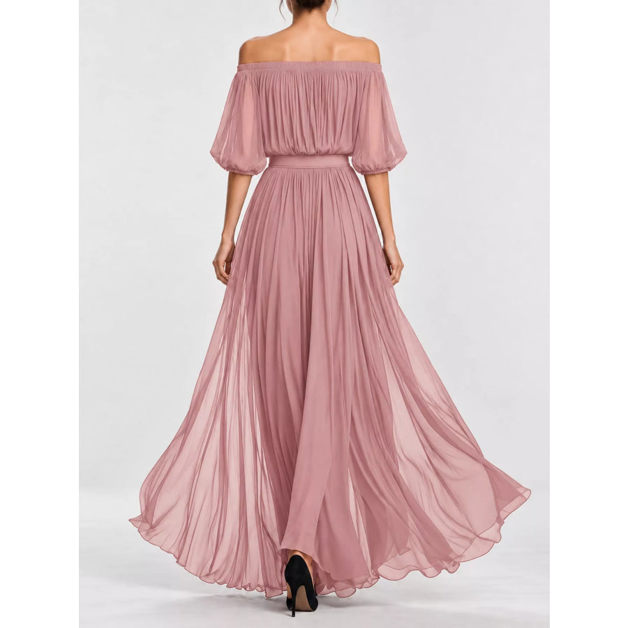Full Size Off-Shoulder Ruched Chiffon Maxi Dress Plus Apparel and Accessories