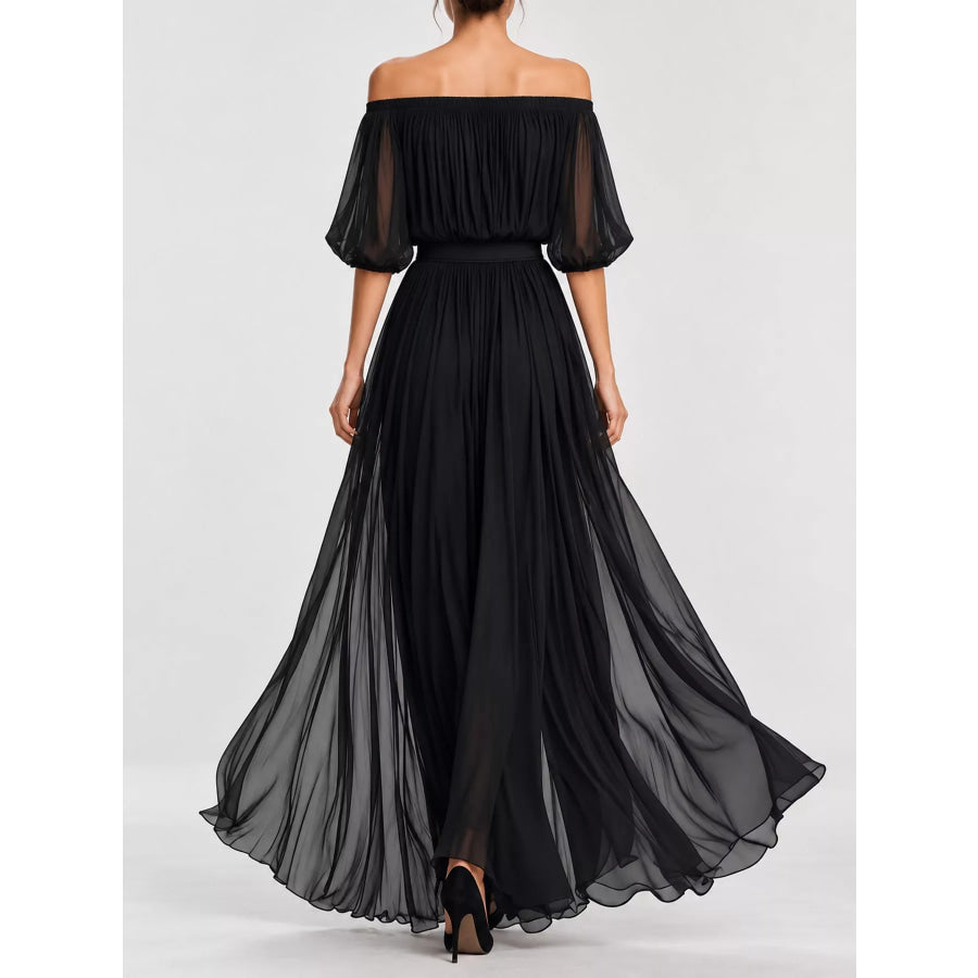 Full Size Off-Shoulder Ruched Chiffon Maxi Dress Plus Apparel and Accessories
