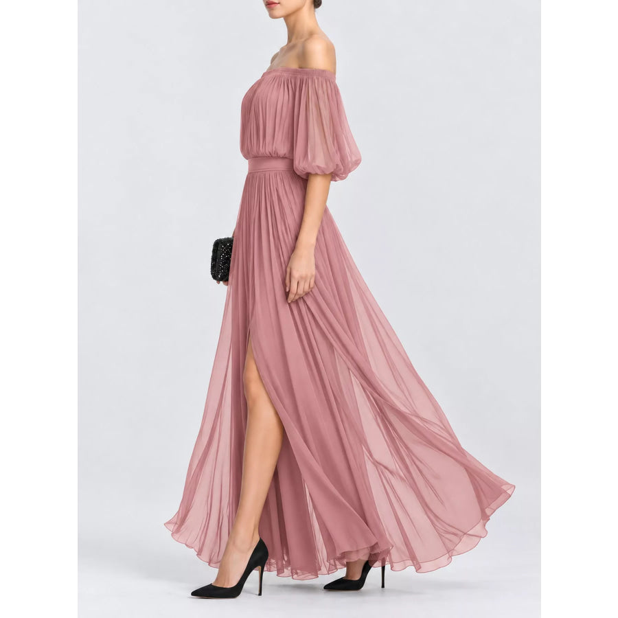 Full Size Off-Shoulder Ruched Chiffon Maxi Dress Plus Apparel and Accessories