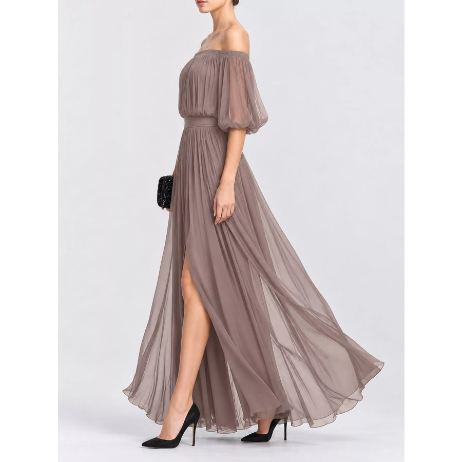 Full Size Off-Shoulder Ruched Chiffon Maxi Dress Plus Apparel and Accessories