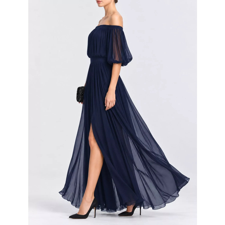 Full Size Off-Shoulder Ruched Chiffon Maxi Dress Plus Apparel and Accessories