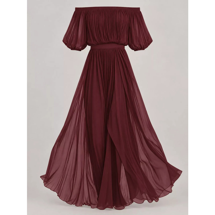 Full Size Off-Shoulder Ruched Chiffon Maxi Dress Plus Apparel and Accessories