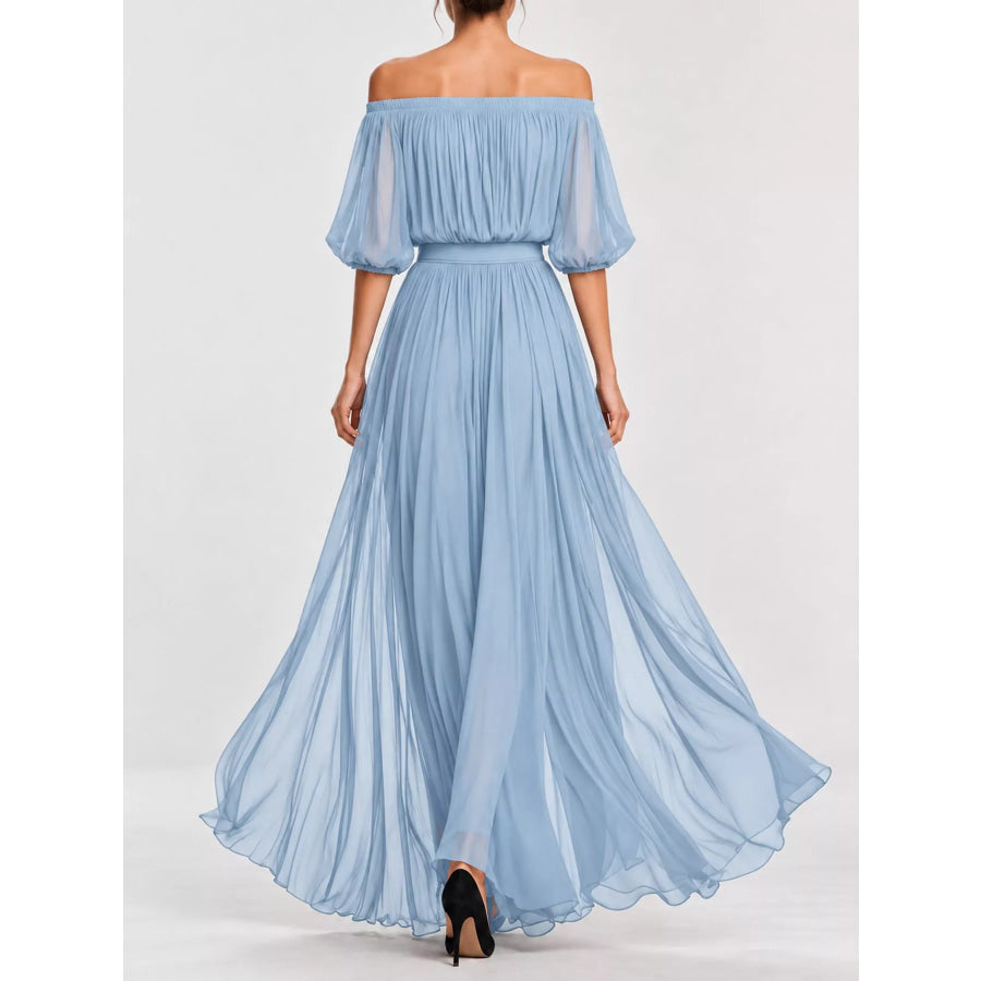 Full Size Off-Shoulder Ruched Chiffon Maxi Dress Plus Apparel and Accessories