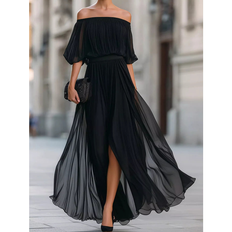 Full Size Off-Shoulder Ruched Chiffon Maxi Dress Plus Black / S Apparel and Accessories