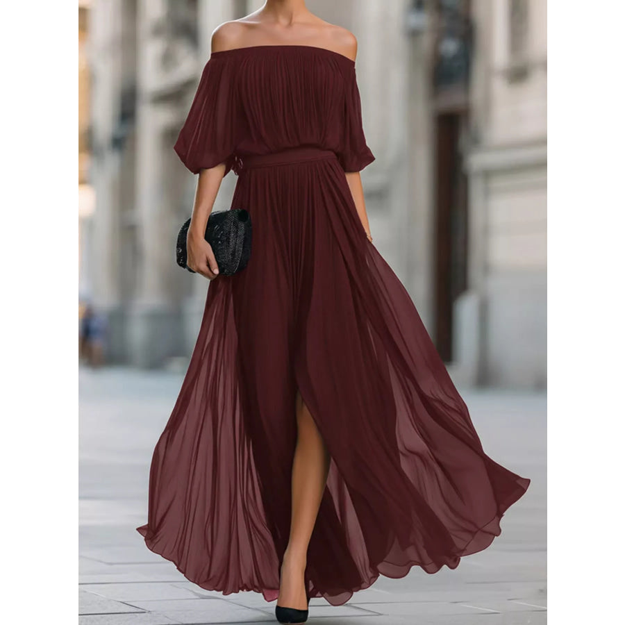 Full Size Off-Shoulder Ruched Chiffon Maxi Dress Plus Burgundy / S Apparel and Accessories