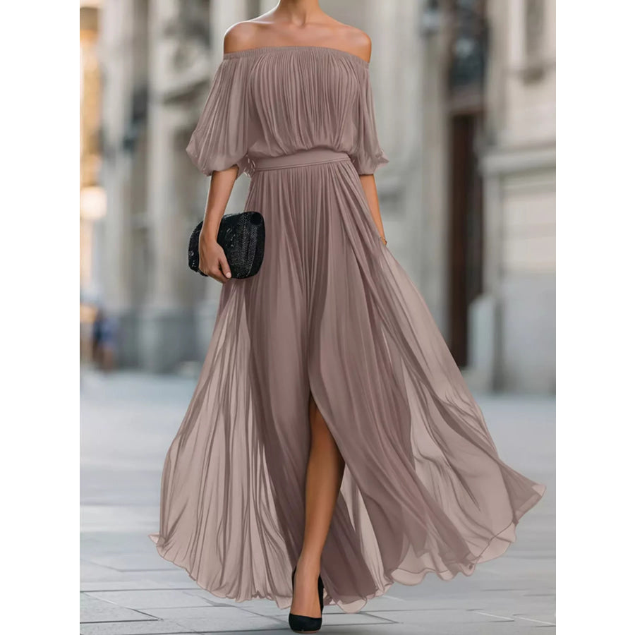 Full Size Off-Shoulder Ruched Chiffon Maxi Dress Plus Khaki / S Apparel and Accessories