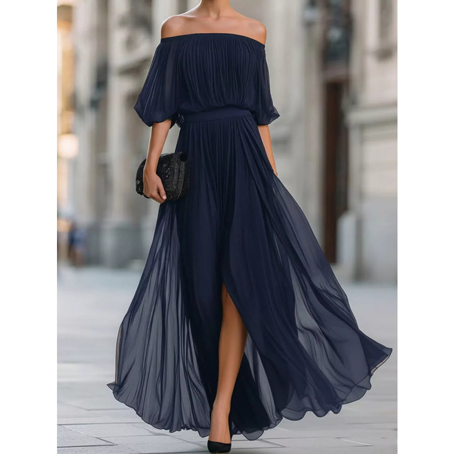 Full Size Off-Shoulder Ruched Chiffon Maxi Dress Plus Navy / S Apparel and Accessories