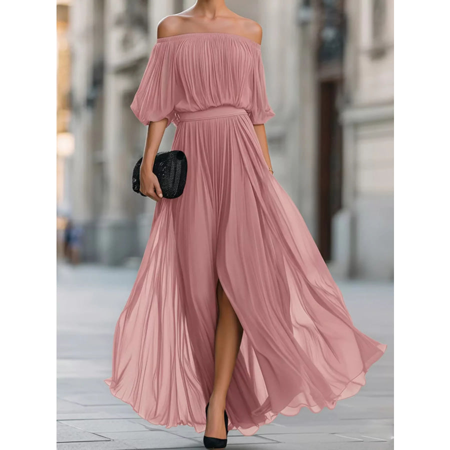 Full Size Off-Shoulder Ruched Chiffon Maxi Dress Plus Pink / S Apparel and Accessories