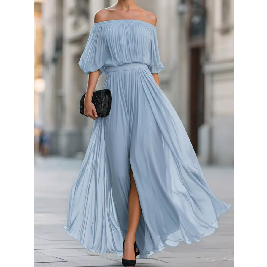 Full Size Off-Shoulder Ruched Chiffon Maxi Dress Plus Sky Blue / S Apparel and Accessories