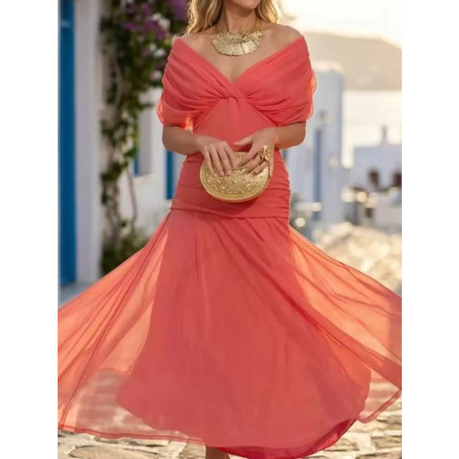 Full Size Off-Shoulder Ruched Maxi Dress Plus Apparel and Accessories