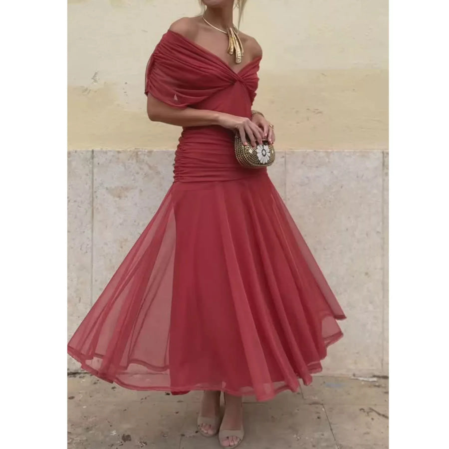 Full Size Off-Shoulder Ruched Maxi Dress Plus Apparel and Accessories