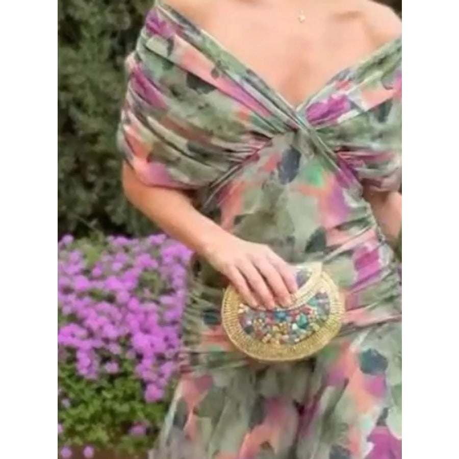Full Size Off-Shoulder Ruched Maxi Dress Plus Green / S Apparel and Accessories