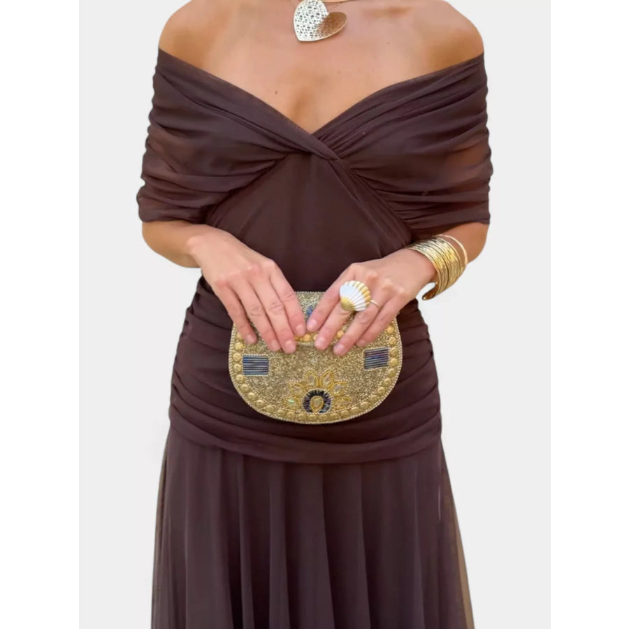Full Size Off-Shoulder Ruched Maxi Dress Plus Apparel and Accessories