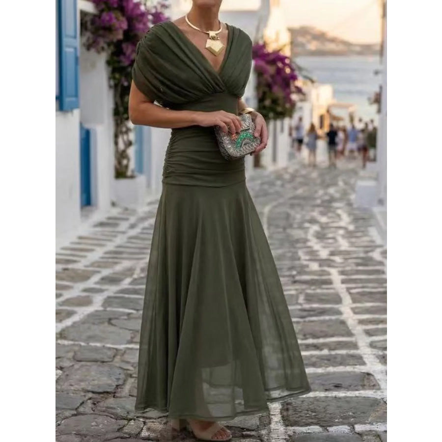 Full Size Off-Shoulder Ruched Maxi Dress Plus Army Green / S Apparel and Accessories