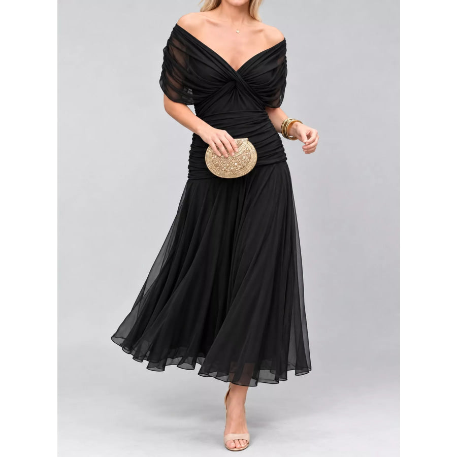 Full Size Off-Shoulder Ruched Maxi Dress Plus Black / S Apparel and Accessories