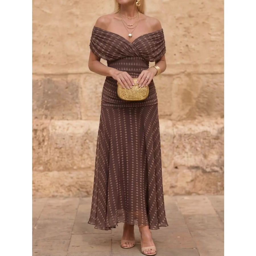 Full Size Off-Shoulder Ruched Maxi Dress Plus Brown / S Apparel and Accessories