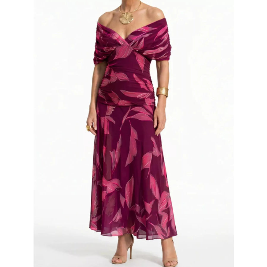 Full Size Off-Shoulder Ruched Maxi Dress Plus Burgundy-Pink Leaf Print / S Apparel and Accessories