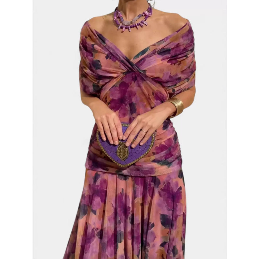 Full Size Off-Shoulder Ruched Maxi Dress Plus Burgundy / S Apparel and Accessories