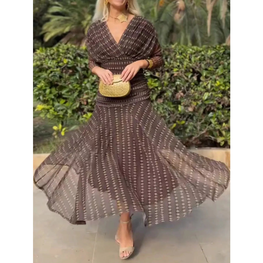 Full Size Off-Shoulder Ruched Maxi Dress Plus Coffee-Diamond Print / S Apparel and Accessories