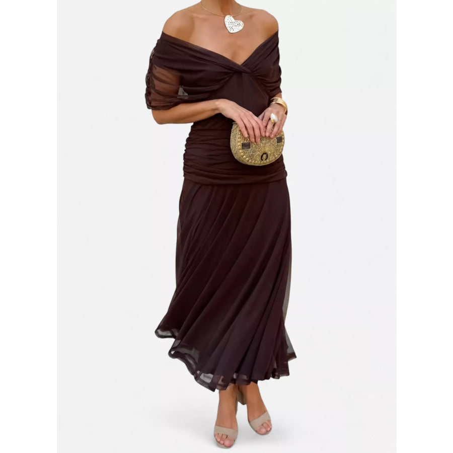 Full Size Off-Shoulder Ruched Maxi Dress Plus Dark Brown / S Apparel and Accessories