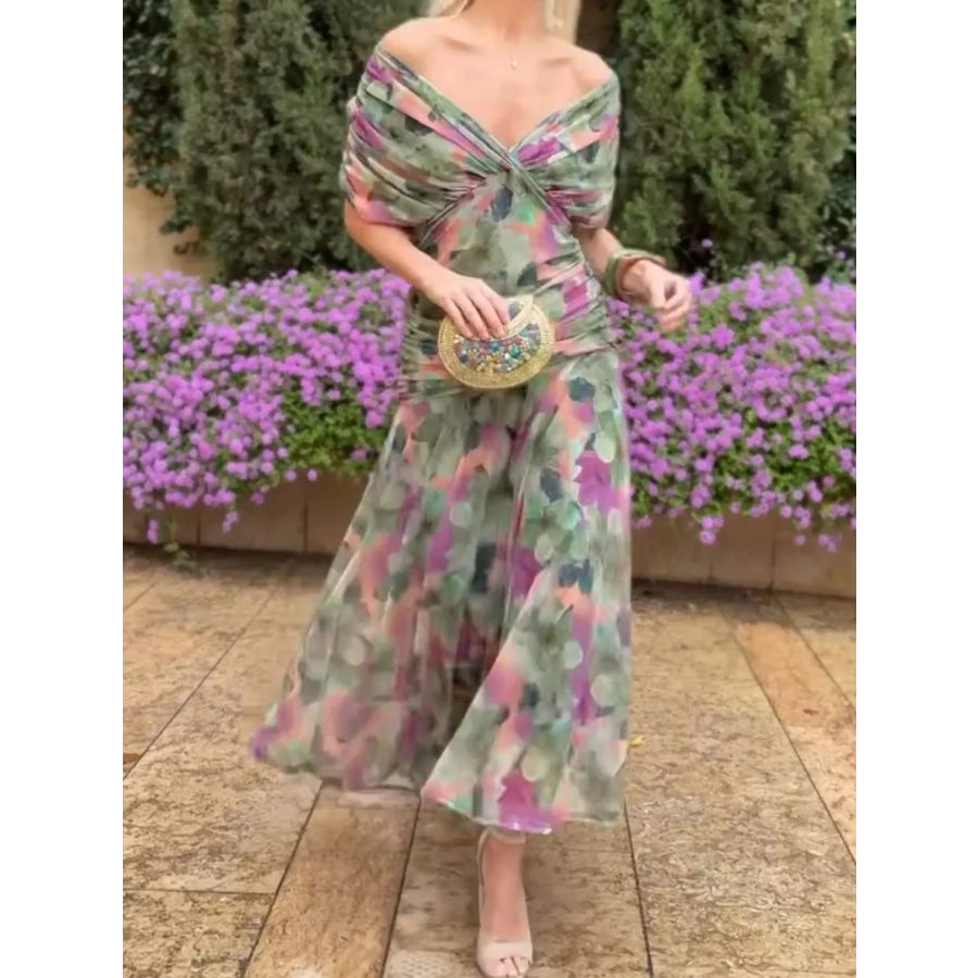 Full Size Off-Shoulder Ruched Maxi Dress Plus Green / S Apparel and Accessories