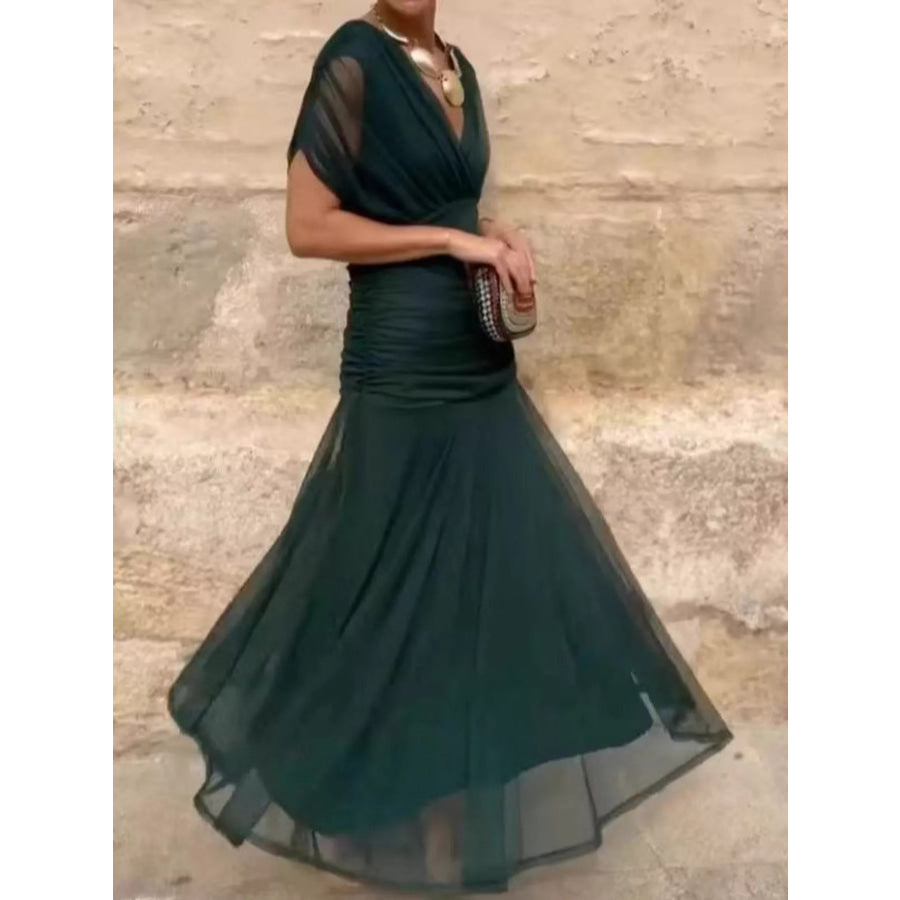 Full Size Off-Shoulder Ruched Maxi Dress Plus Olive Green / S Apparel and Accessories