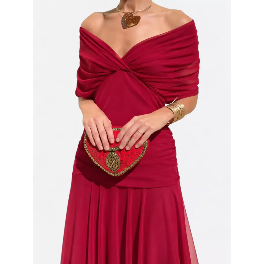 Full Size Off-Shoulder Ruched Maxi Dress Plus Red / S Apparel and Accessories