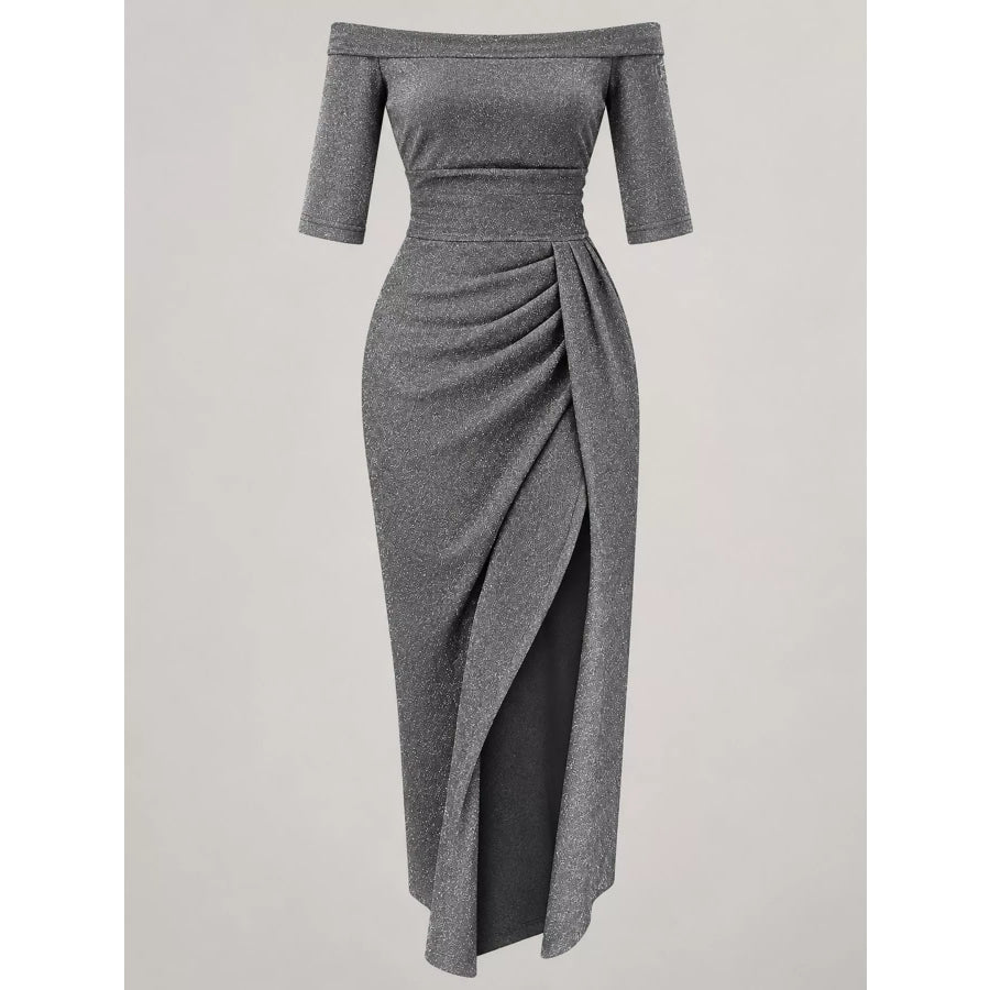 Full Size Off-Shoulder Ruched Slit Midi Dress Plus Apparel and Accessories