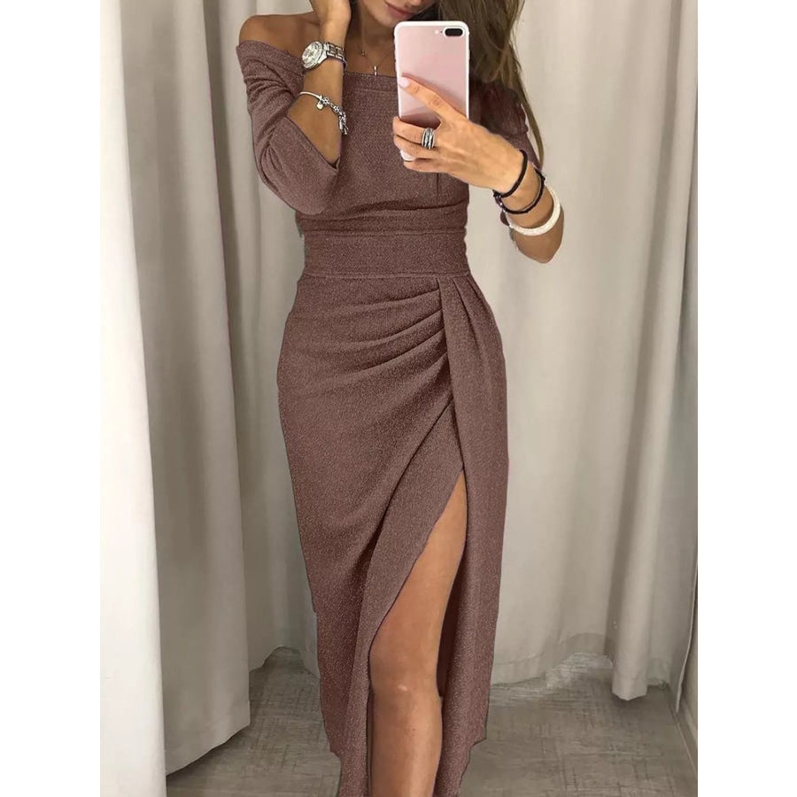 Full Size Off-Shoulder Ruched Slit Midi Dress Plus Brown / S Apparel and Accessories