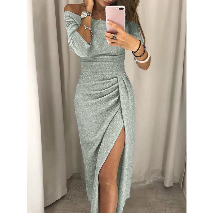 Full Size Off-Shoulder Ruched Slit Midi Dress Plus Gum Leaf / S Apparel and Accessories