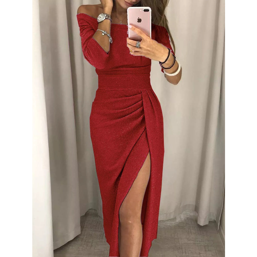 Full Size Off-Shoulder Ruched Slit Midi Dress Plus Red / S Apparel and Accessories