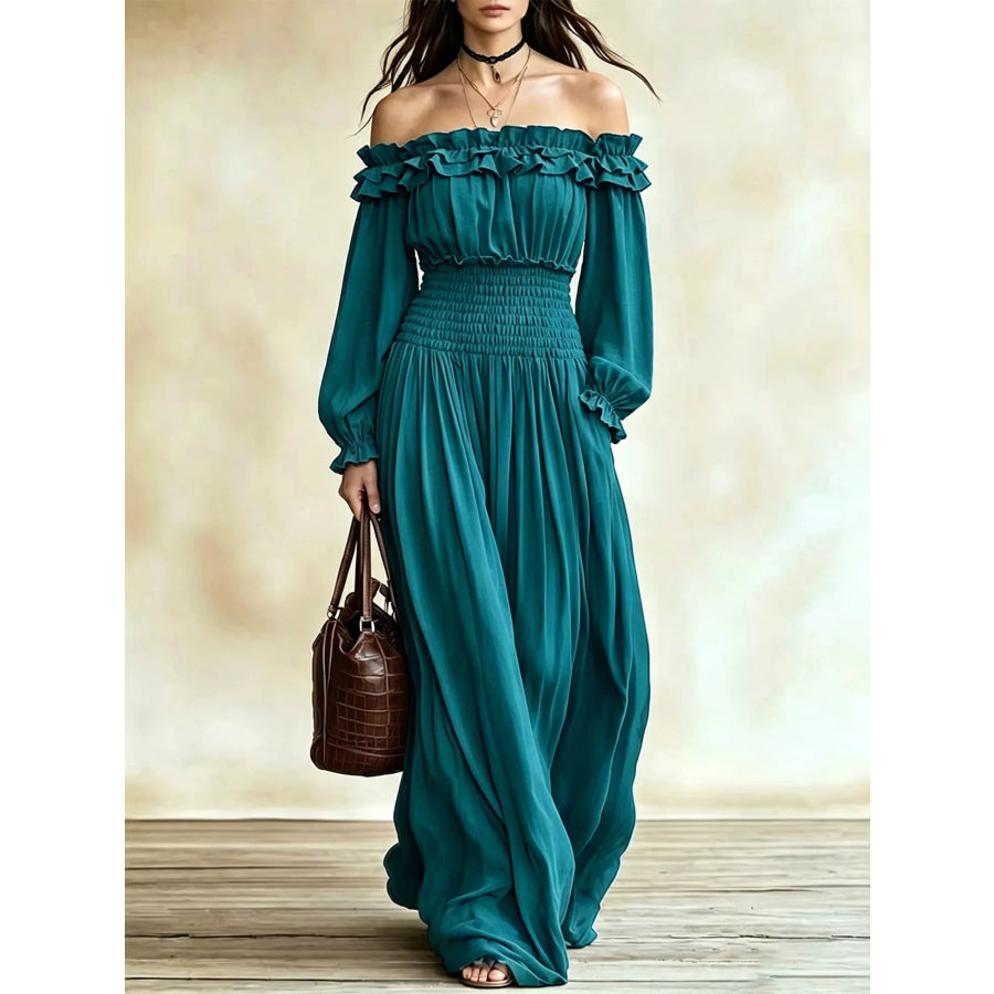 Full Size Off-Shoulder Ruffled Maxi Dress with Smocked Waist Plus Size Air Force Blue / S Apparel and Accessories