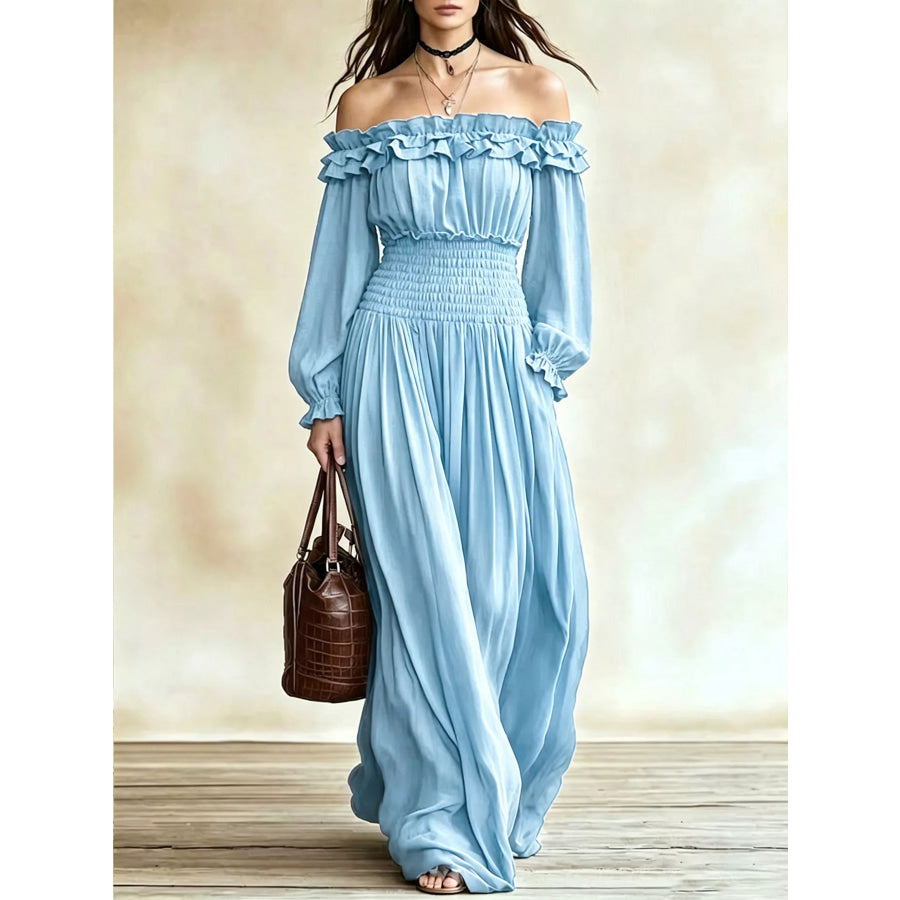 Full Size Off-Shoulder Ruffled Maxi Dress with Smocked Waist Plus Size Apparel and Accessories