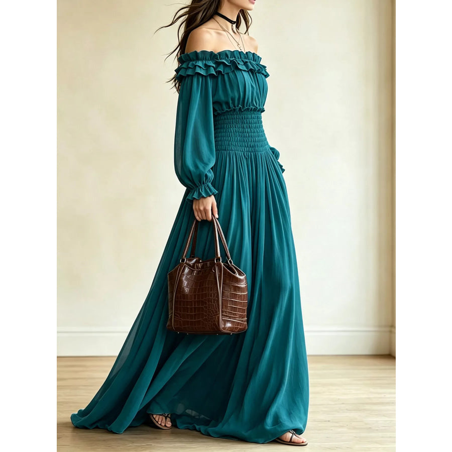 Full Size Off-Shoulder Ruffled Maxi Dress with Smocked Waist Plus Size Apparel and Accessories