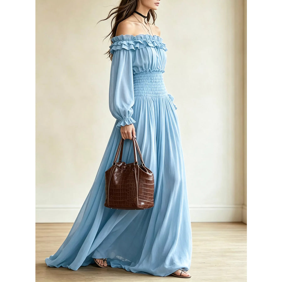 Full Size Off-Shoulder Ruffled Maxi Dress with Smocked Waist Plus Size Apparel and Accessories