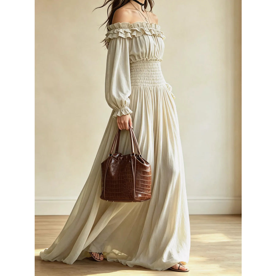 Full Size Off-Shoulder Ruffled Maxi Dress with Smocked Waist Plus Size Apparel and Accessories
