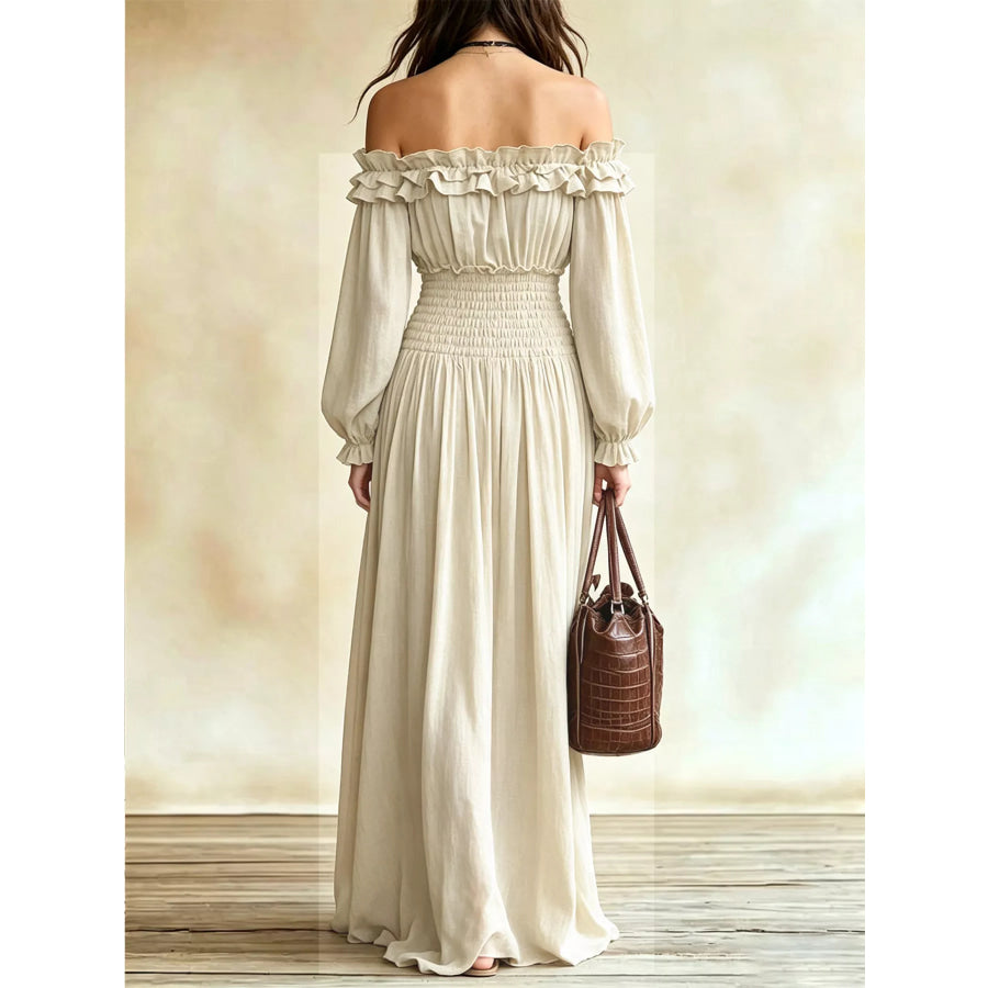 Full Size Off-Shoulder Ruffled Maxi Dress with Smocked Waist Plus Size Beige / S Apparel and Accessories