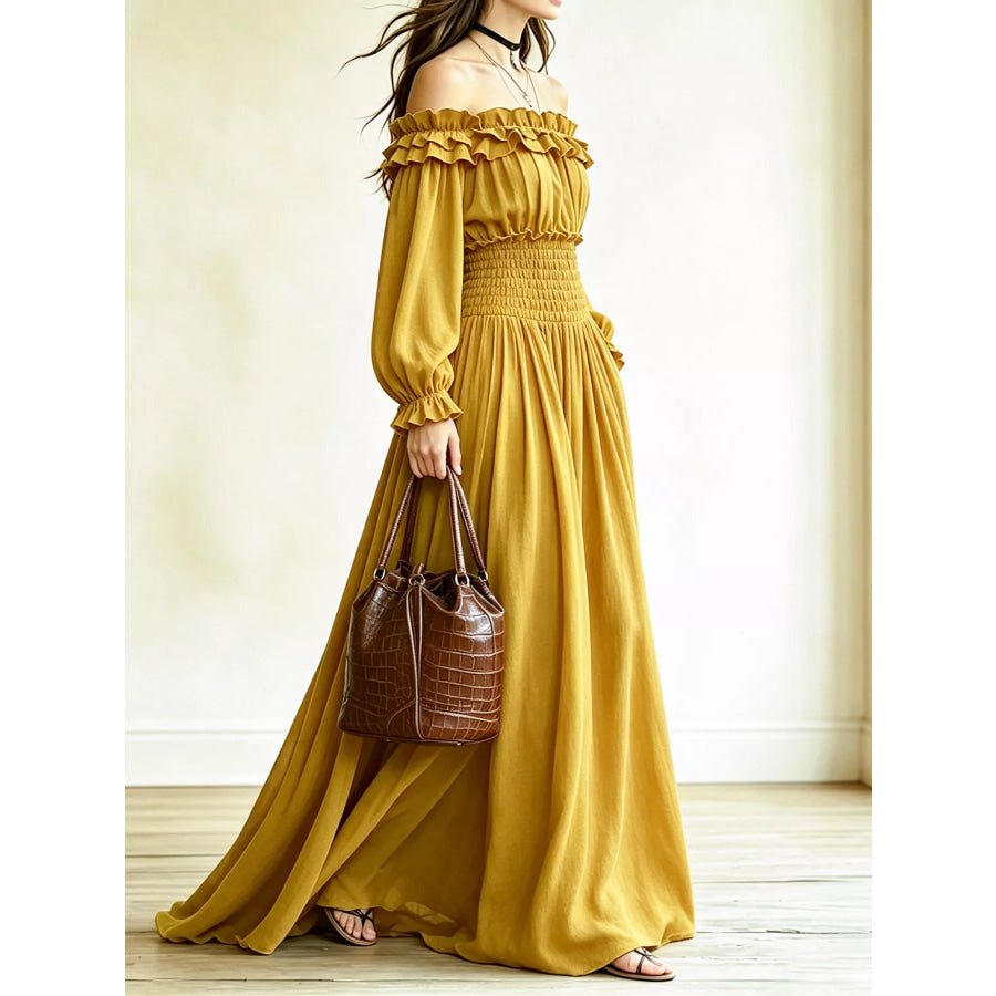 Full Size Off-Shoulder Ruffled Maxi Dress with Smocked Waist Plus Size Apparel and Accessories