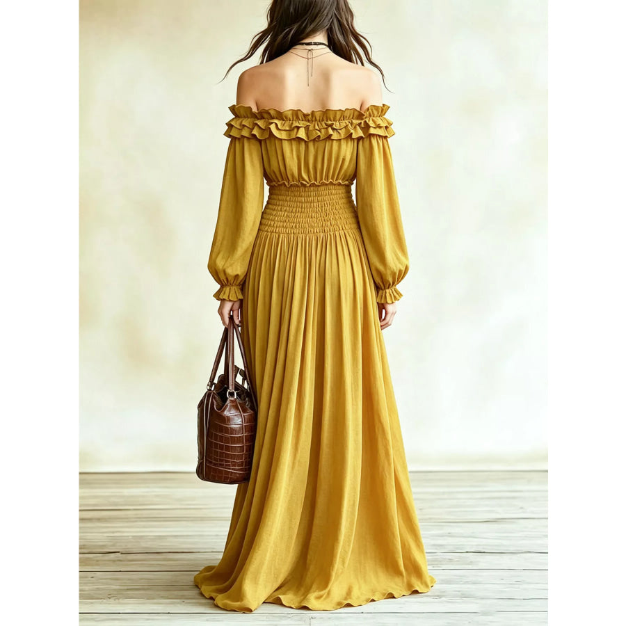 Full Size Off-Shoulder Ruffled Maxi Dress with Smocked Waist Plus Size Apparel and Accessories
