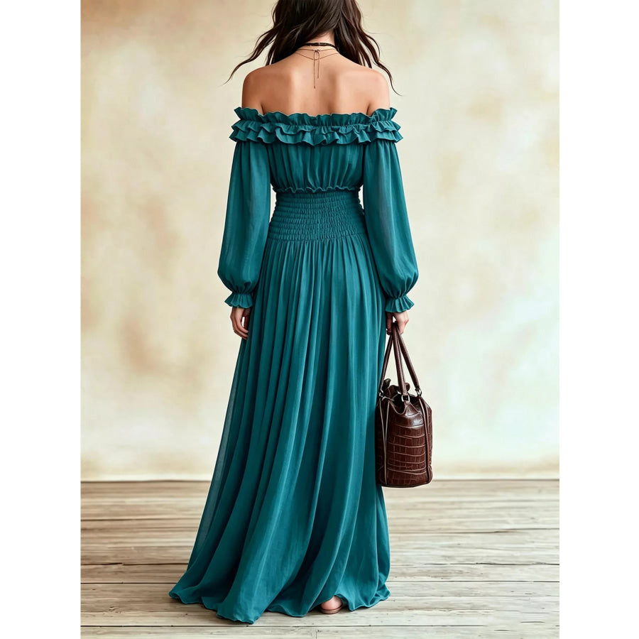 Full Size Off-Shoulder Ruffled Maxi Dress with Smocked Waist Plus Size Apparel and Accessories
