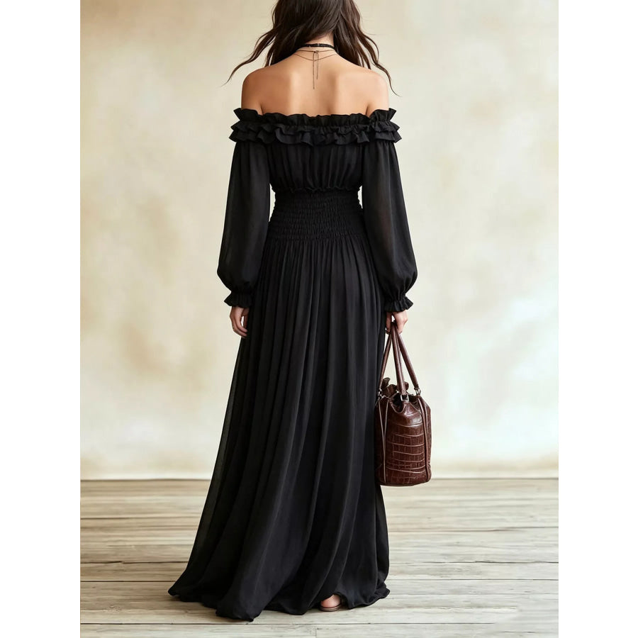 Full Size Off-Shoulder Ruffled Maxi Dress with Smocked Waist Plus Size Apparel and Accessories
