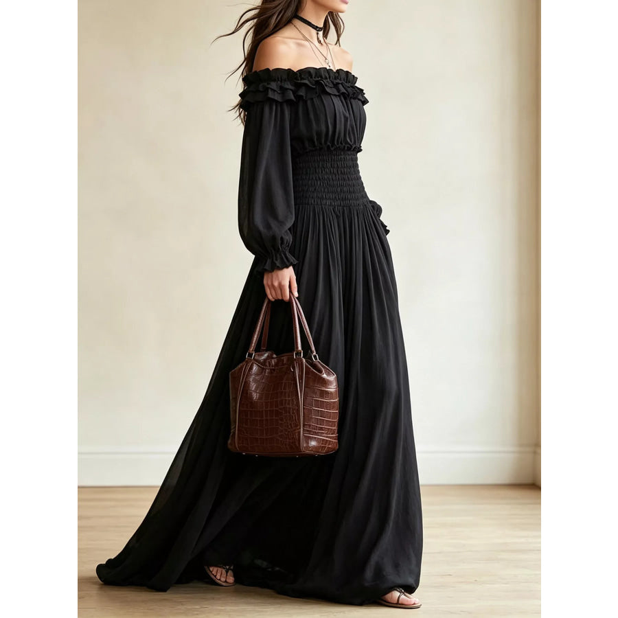 Full Size Off-Shoulder Ruffled Maxi Dress with Smocked Waist Plus Size Apparel and Accessories