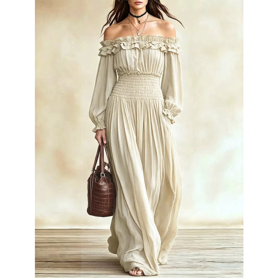 Full Size Off-Shoulder Ruffled Maxi Dress with Smocked Waist Plus Size Beige / S Apparel and Accessories