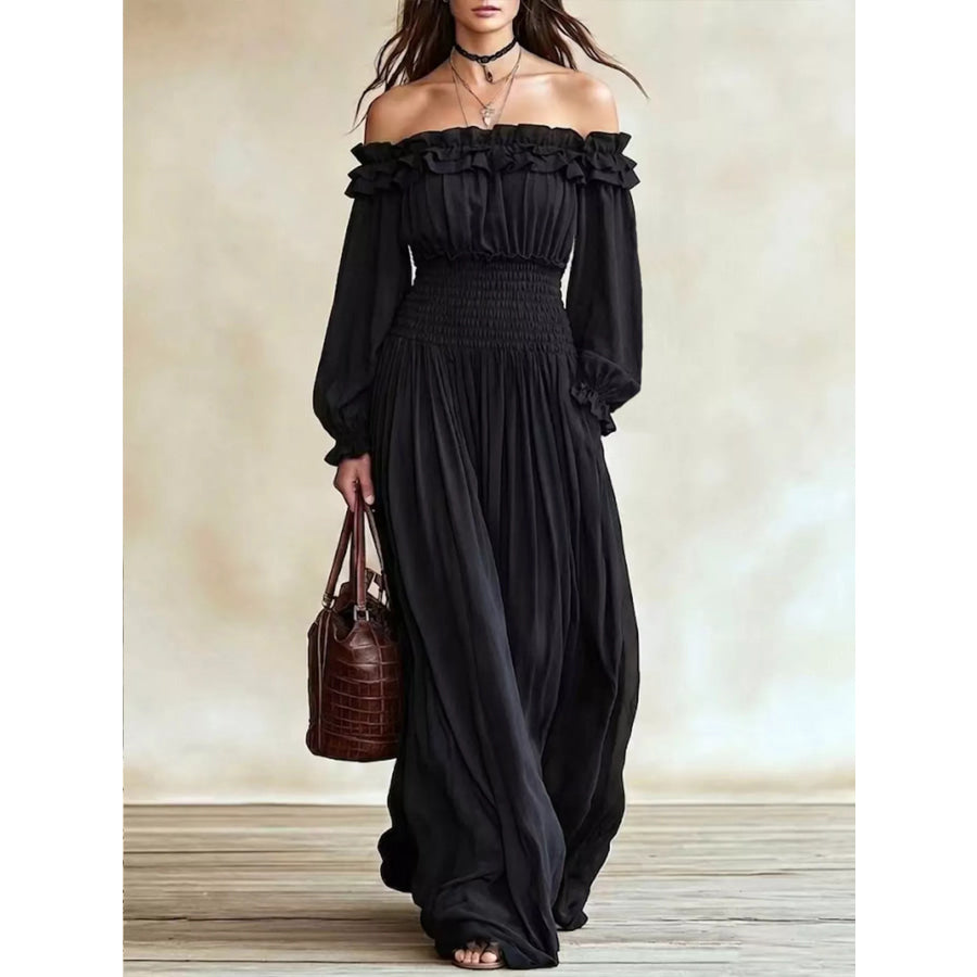Full Size Off-Shoulder Ruffled Maxi Dress with Smocked Waist Plus Size Black / S Apparel and Accessories