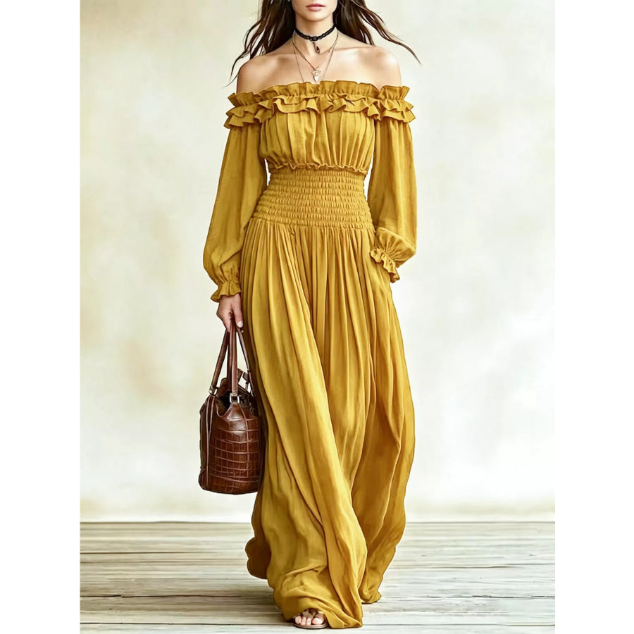 Full Size Off-Shoulder Ruffled Maxi Dress with Smocked Waist Plus Size Mustard / S Apparel and Accessories