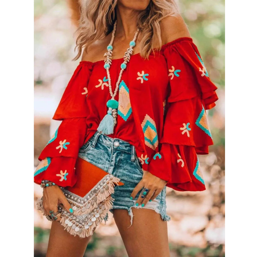 Full Size Off-Shoulder Ruffled Sleeve Blouse Plus Size Apparel and Accessories