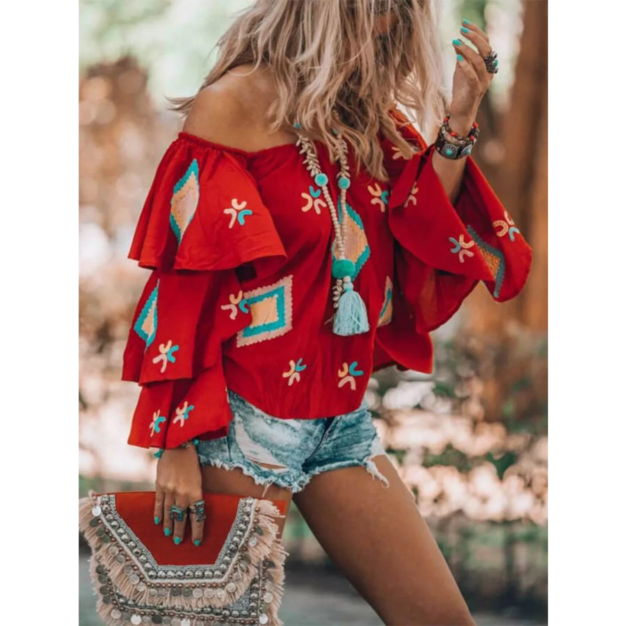 Full Size Off-Shoulder Ruffled Sleeve Blouse Plus Size Apparel and Accessories