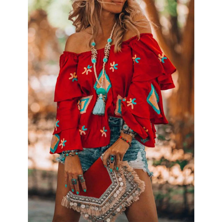 Full Size Off-Shoulder Ruffled Sleeve Blouse Plus Size Apparel and Accessories